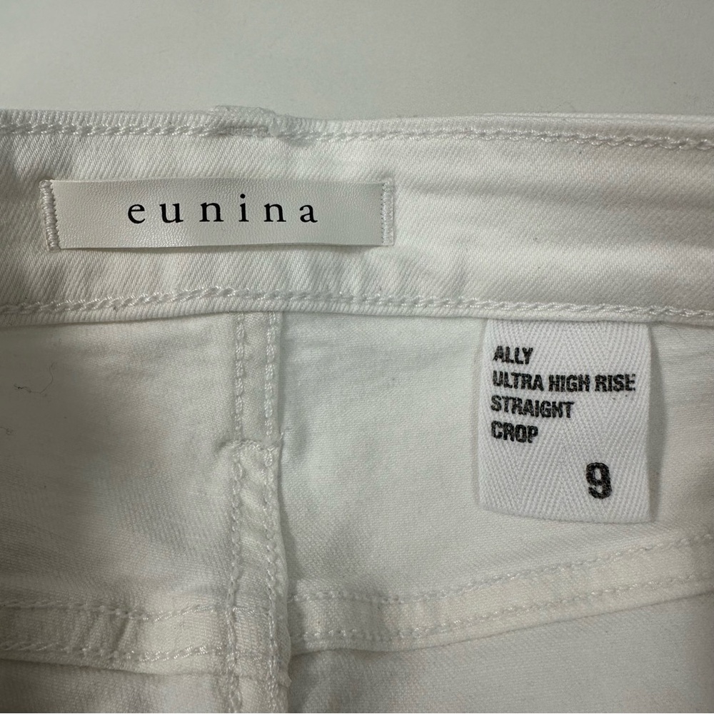 Eunina Ally Women Ultra High Rise 9 White Crop Jeans Distressed Hem Y2K Boho - Picture 6 of 11